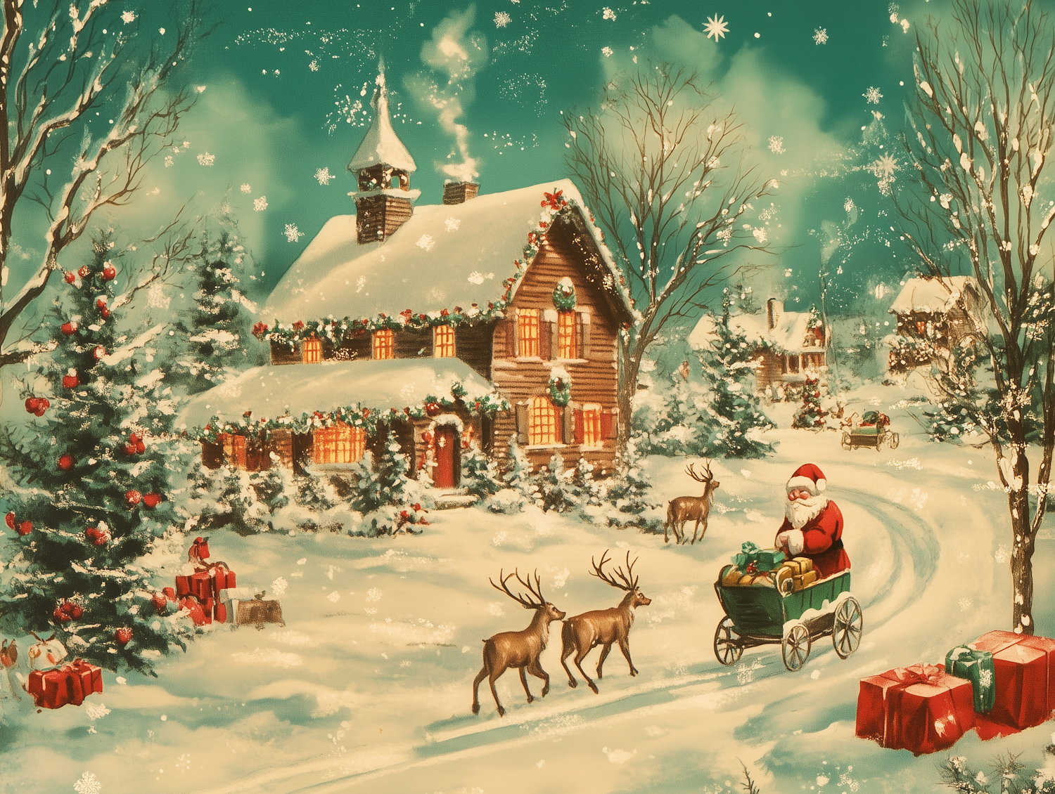 Festive Winter Scene with Santa and Reindeer