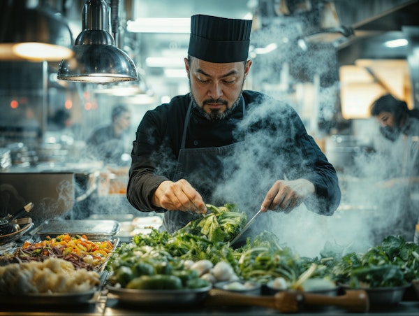 Focused Chef in Bustling Kitchen