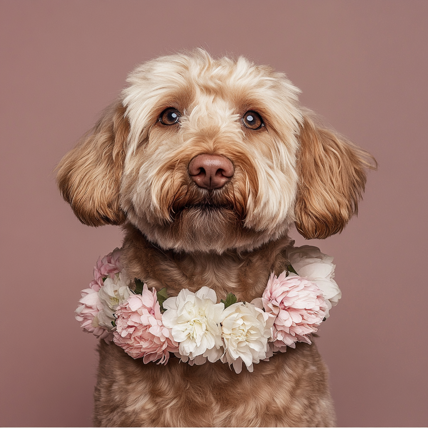 Fluffy Dog with Floral Garland