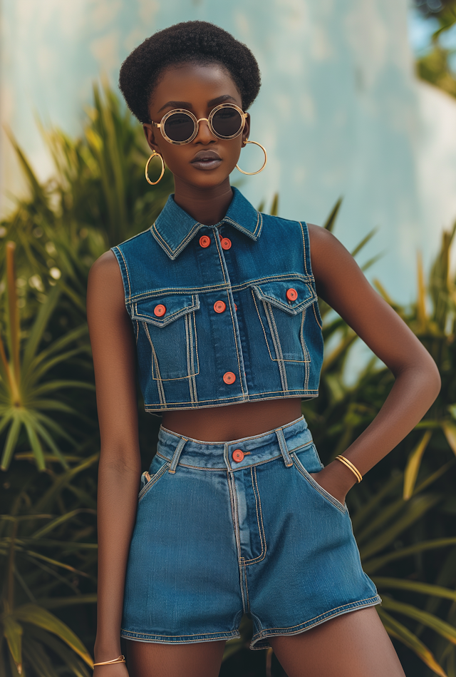 Confident Model in Stylish Denim with Natural Backdrop