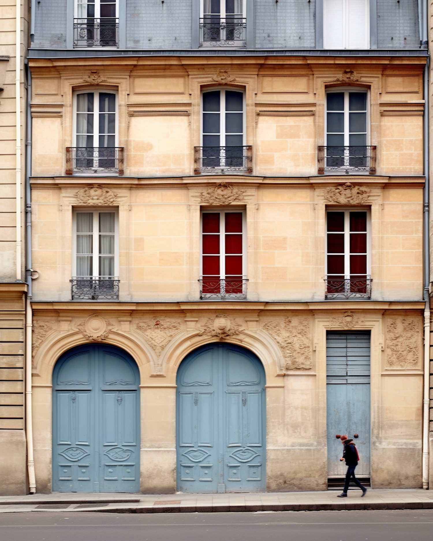 The Contemplative Walker at the Vibrant French-Inspired Facade