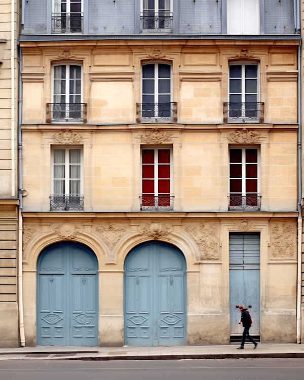 The Contemplative Walker at the Vibrant French-Inspired Facade