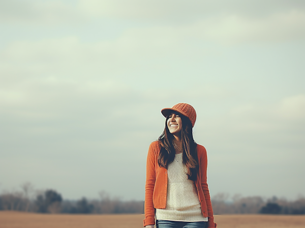 Autumn Joy - Smiling Woman in Orange Cardigan