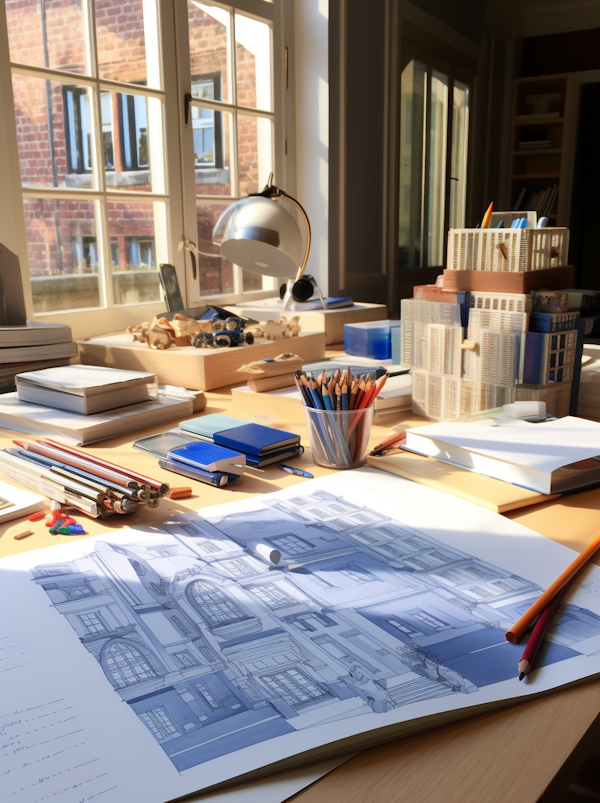 Architect's Sunlit Drafting Table