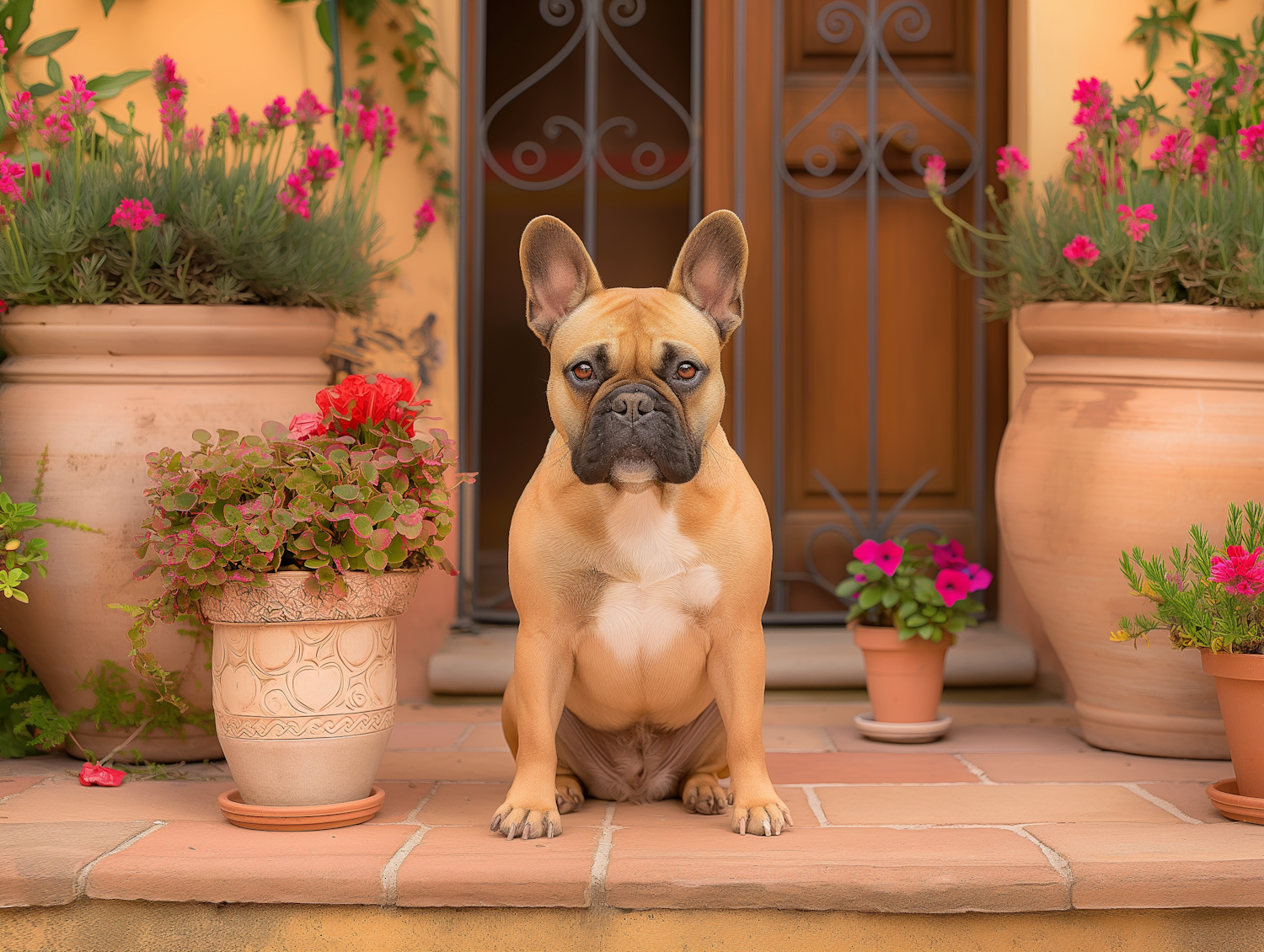 French Bulldog on Doorstep with Potted Plants