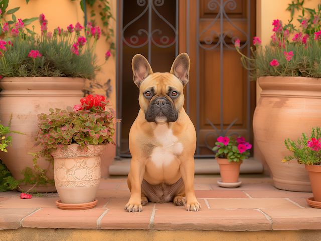 French Bulldog on Doorstep with Potted Plants