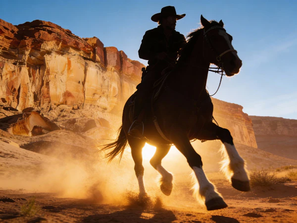 Cowboy in Desert Sunset