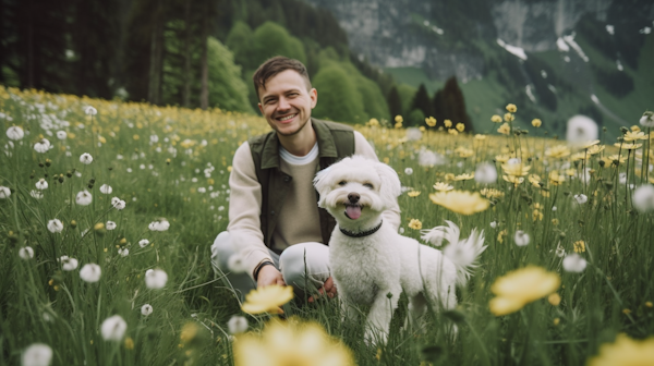 Man and Dog in Flower-filled Meadow