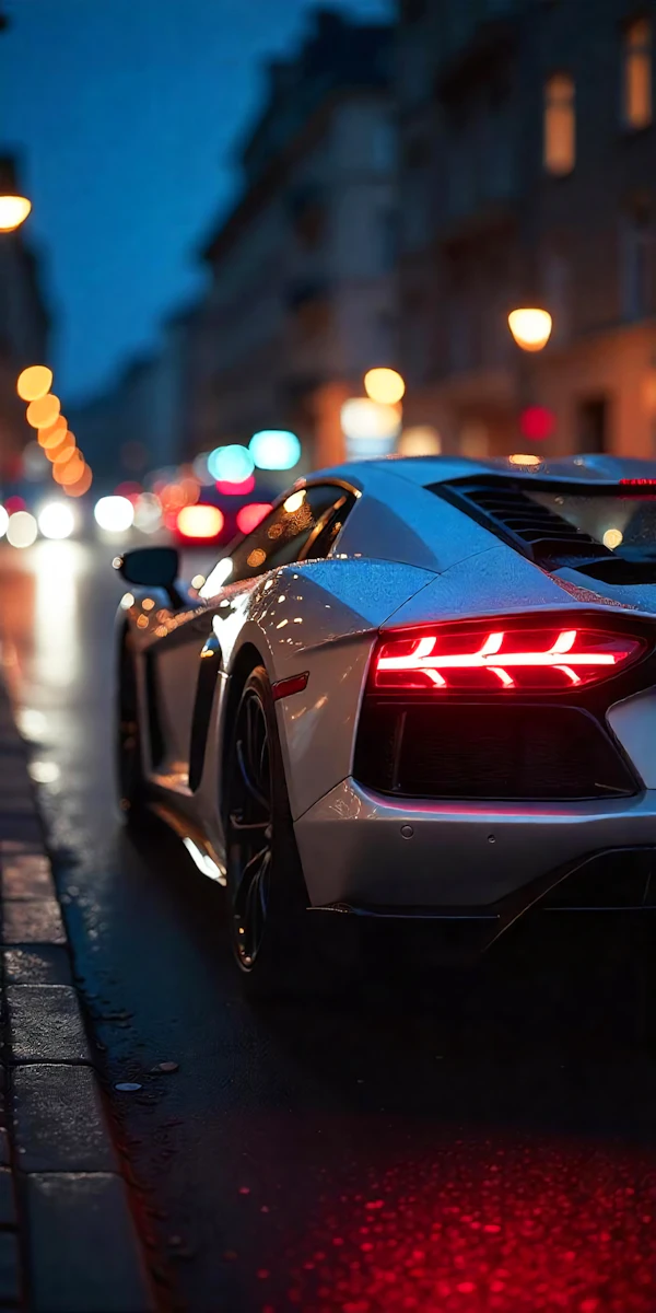 Sleek Sports Car on Wet City Street