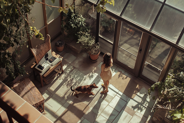 Sunlit Serenity with Girl and Dog in Conservatory