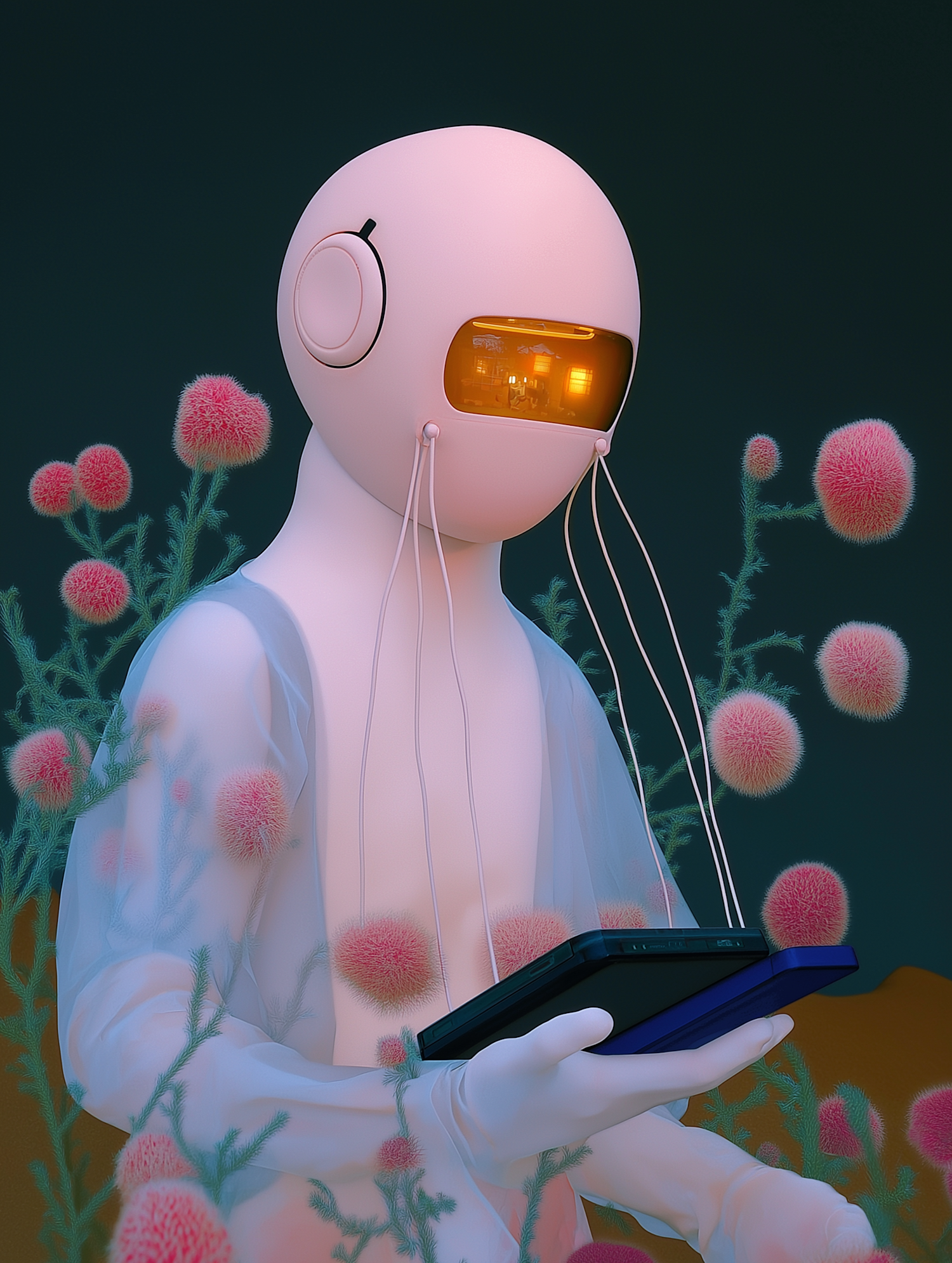 Futuristic Humanoid with Pink Spherical Plants