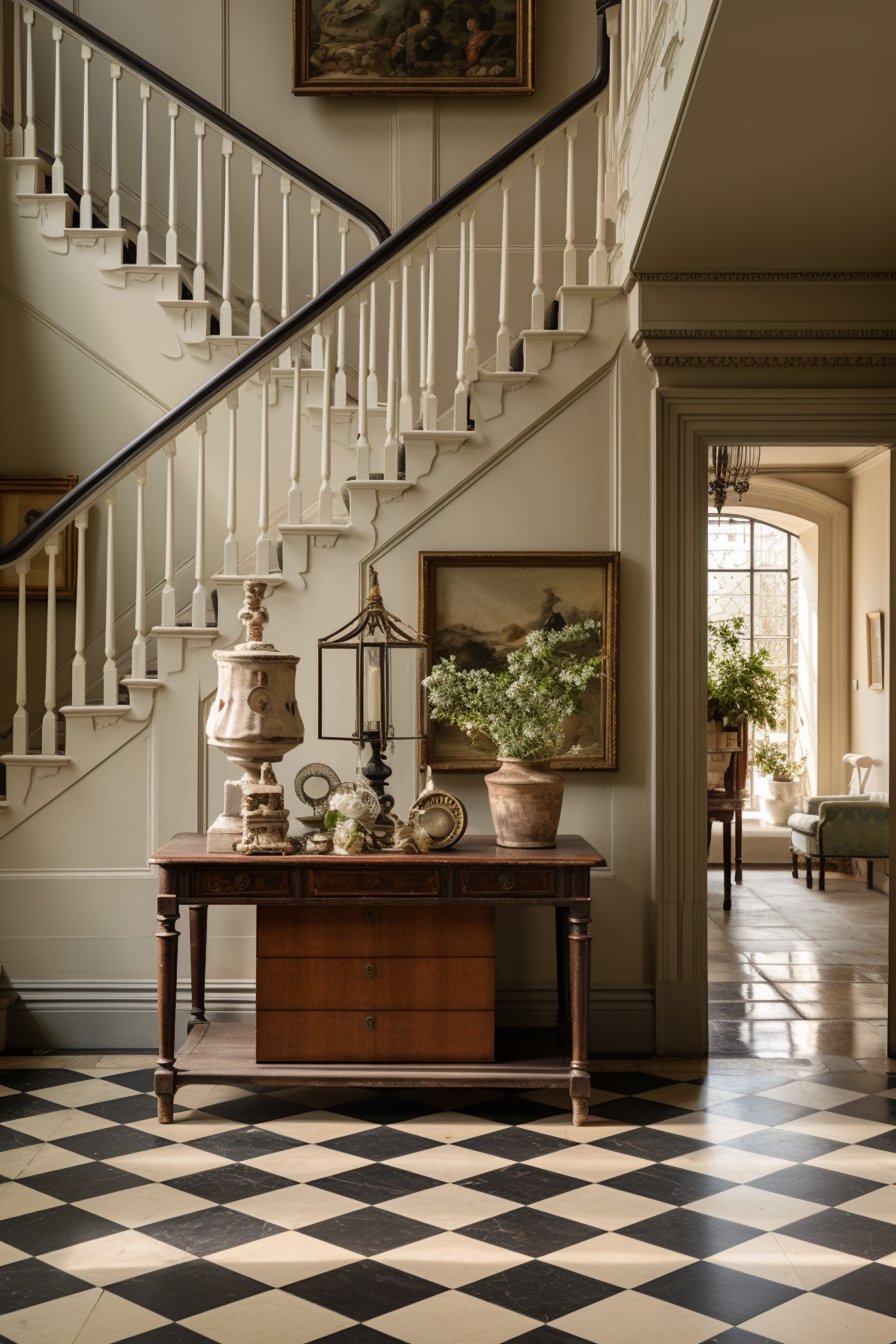 Classical Elegance: Grand Staircase and Checkered Hall