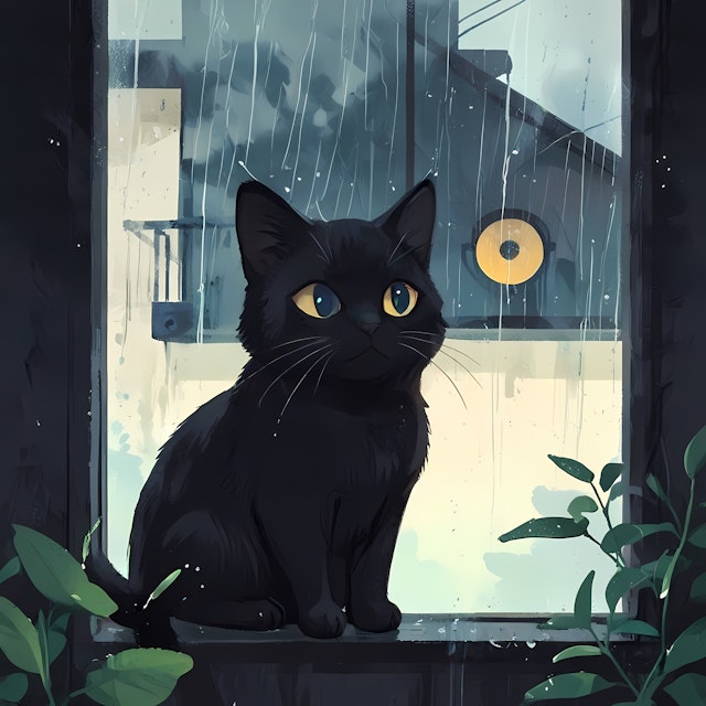 Black Cat on Rainy Windowsill