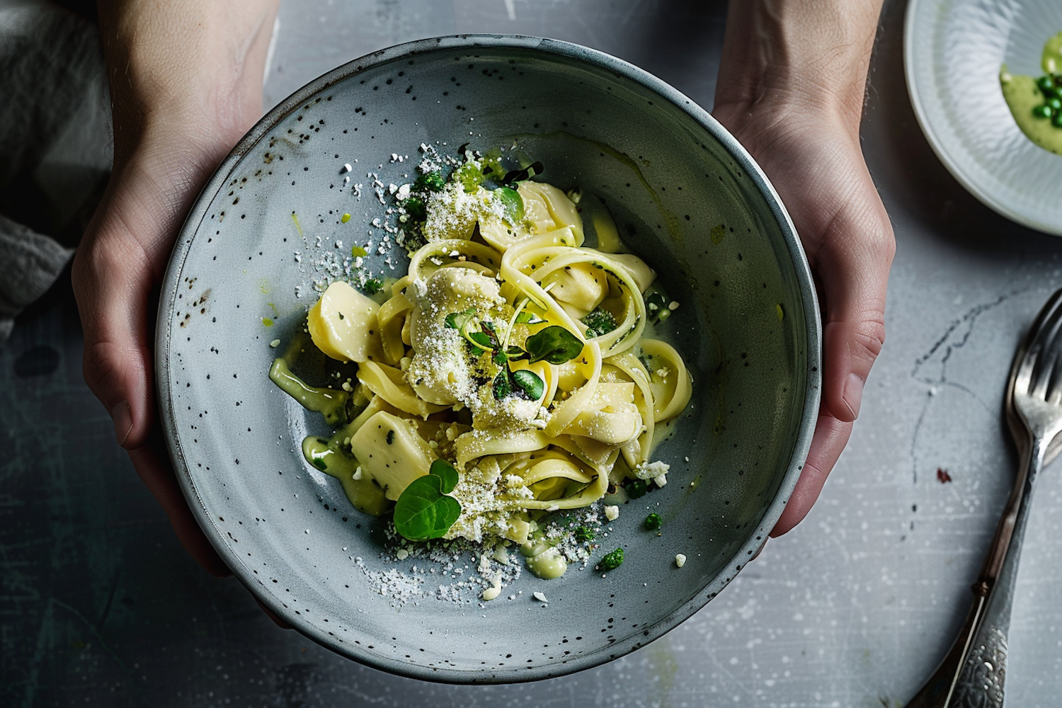 Hand-Held Bowl of Pasta