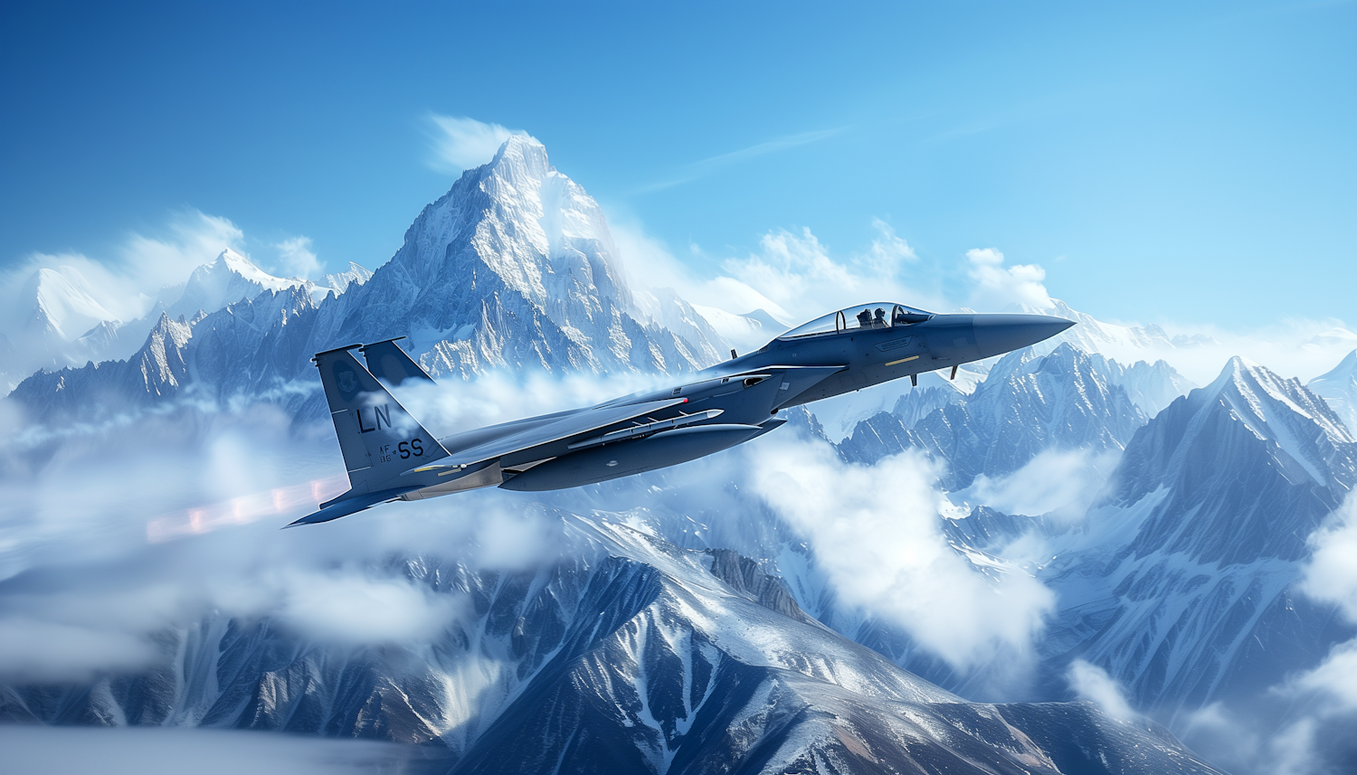 Soaring Fighter Jet over Mountains