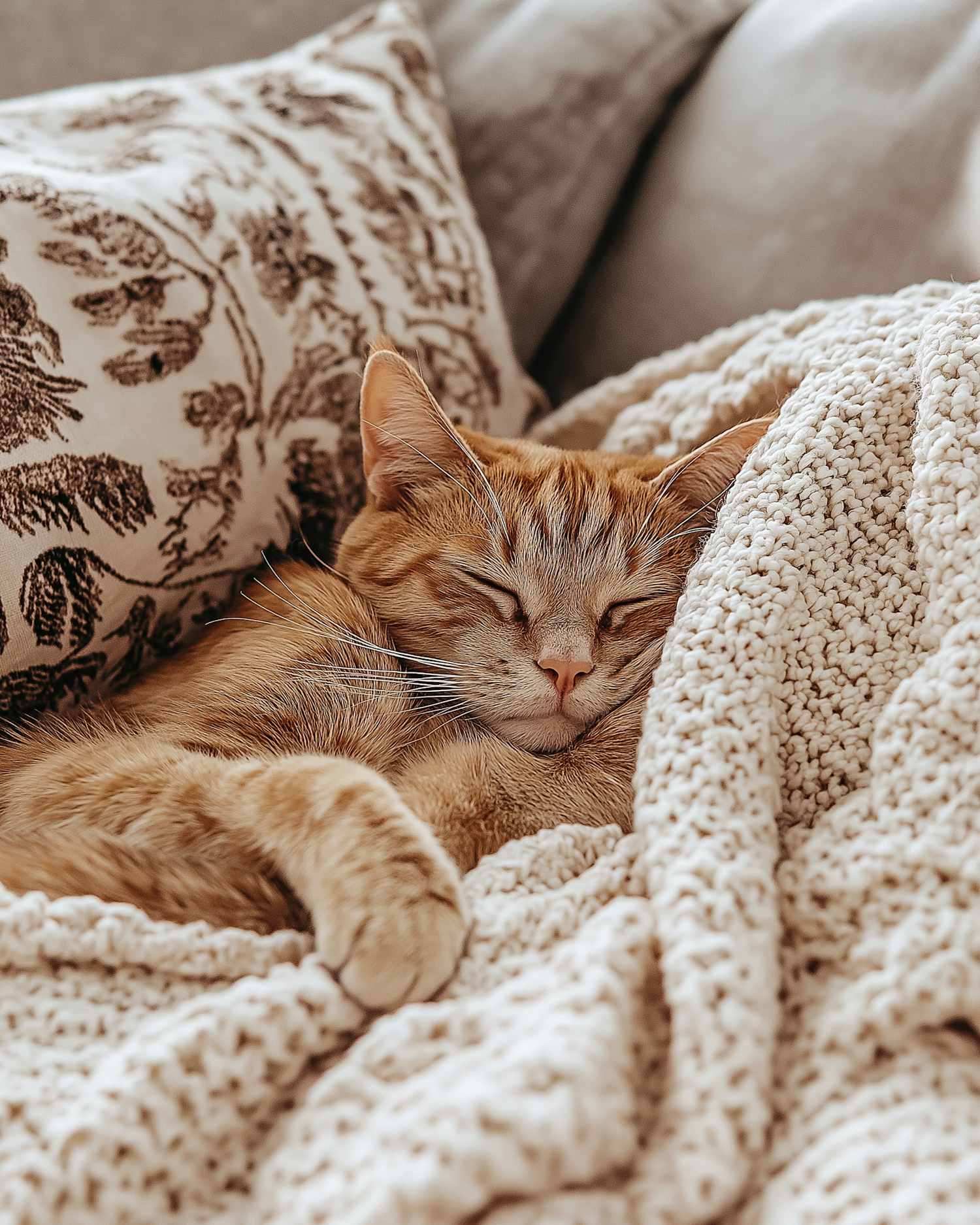 Ginger Cat Sleeping in Knitted Blanket