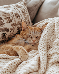 Ginger Cat Sleeping in Knitted Blanket