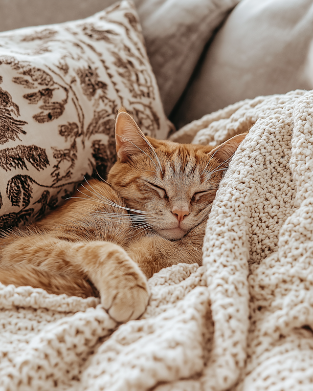 Ginger Cat Sleeping in Knitted Blanket