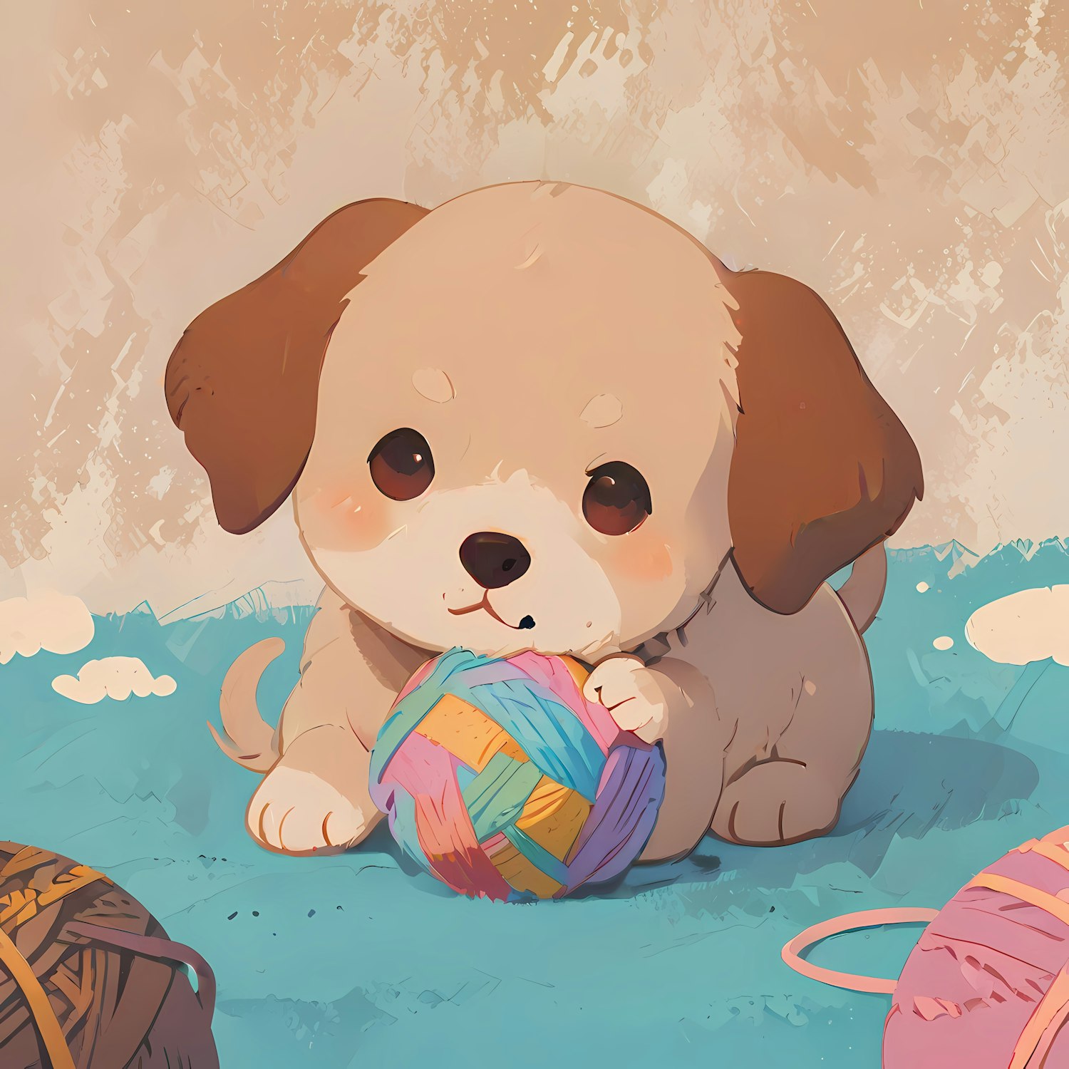 Adorable Cartoon Puppy with Yarn