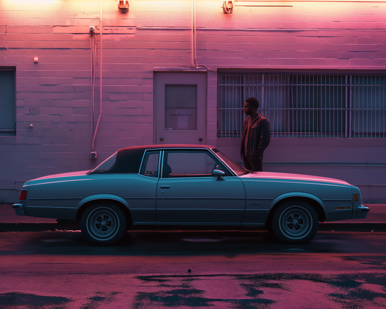 Dusk Reflections: Man and Vintage Teal Car