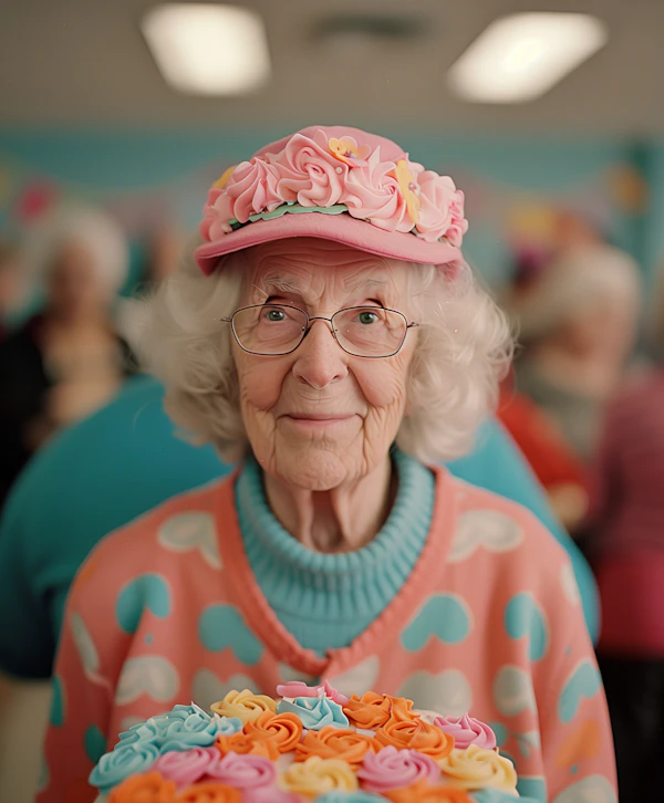 Elderly Woman Celebrating with Colorful Cake