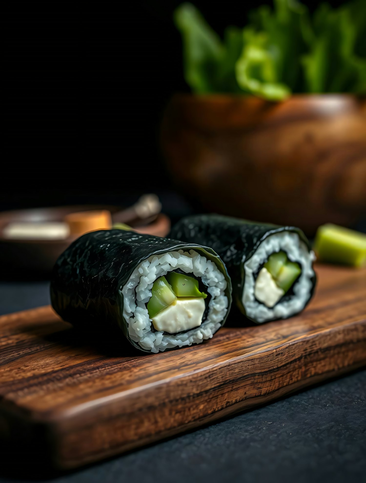 Sushi Rolls on Wooden Board