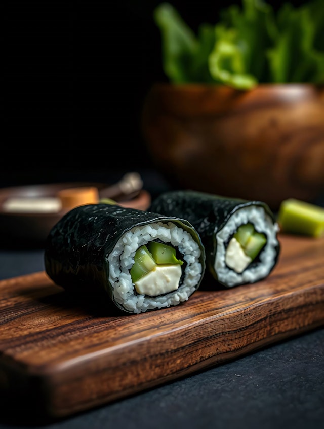 Sushi Rolls on Wooden Board