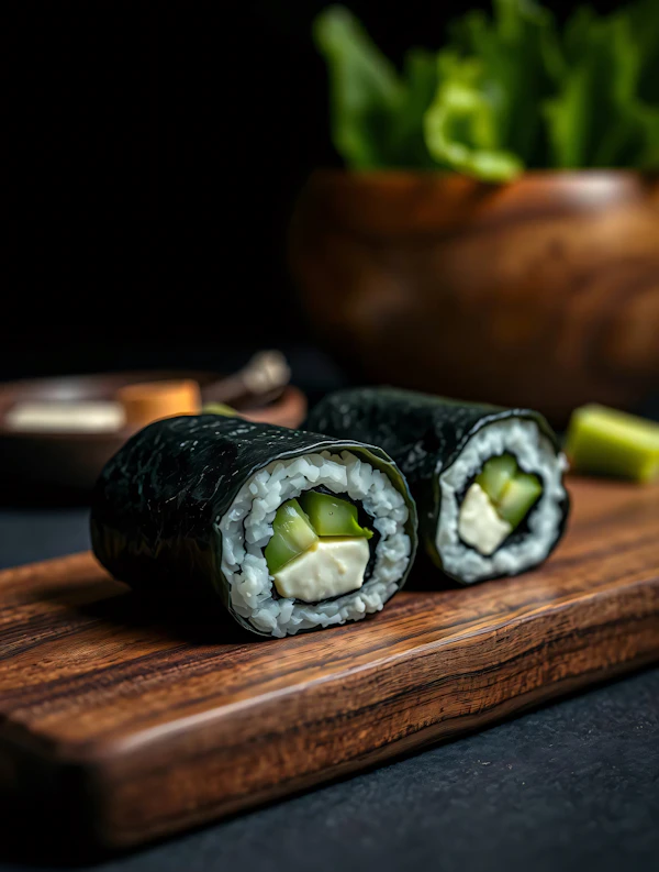 Sushi Rolls on Wooden Board