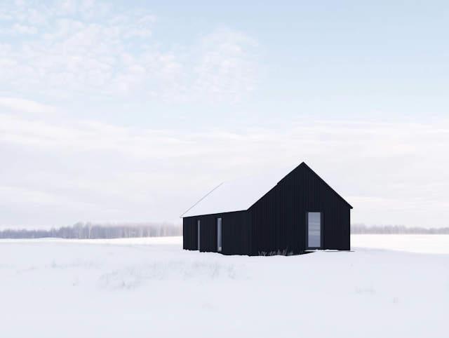 Solitary Black House in Snowy Landscape