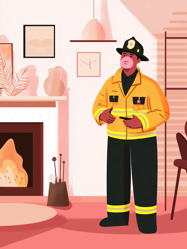 Cheerful Firefighter in Cozy Room Illustration