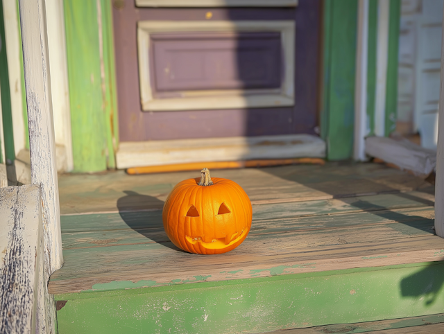 Carved Pumpkin on Rustic Porch