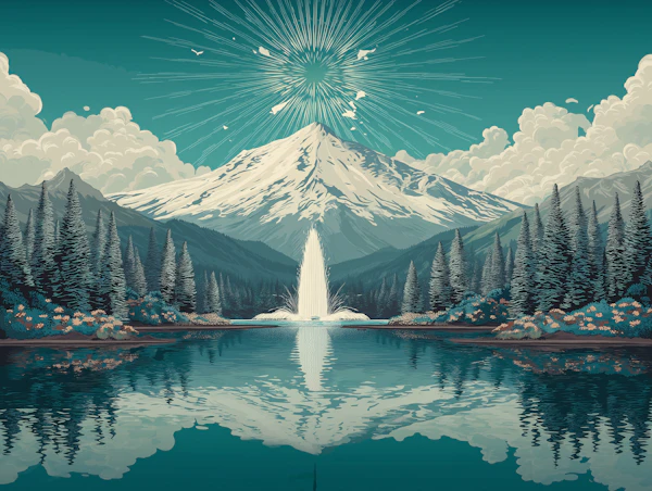 Snowy Peak and Lakeshore Geyser Scene
