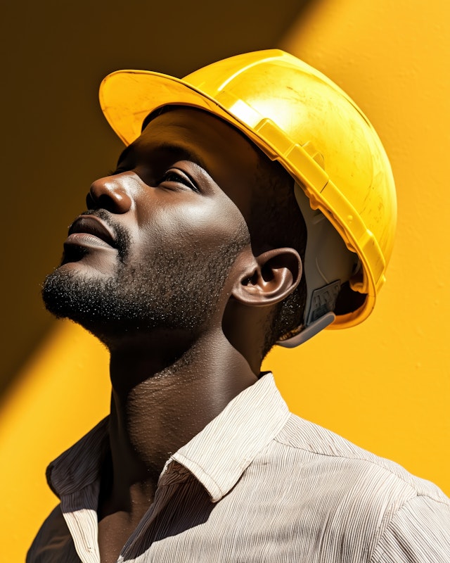 Contemplative Man in Hard Hat