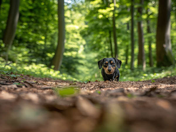 Alert Dachshund in Green Forest