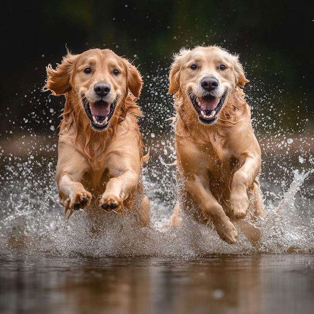 Golden Retrievers Playing in Water