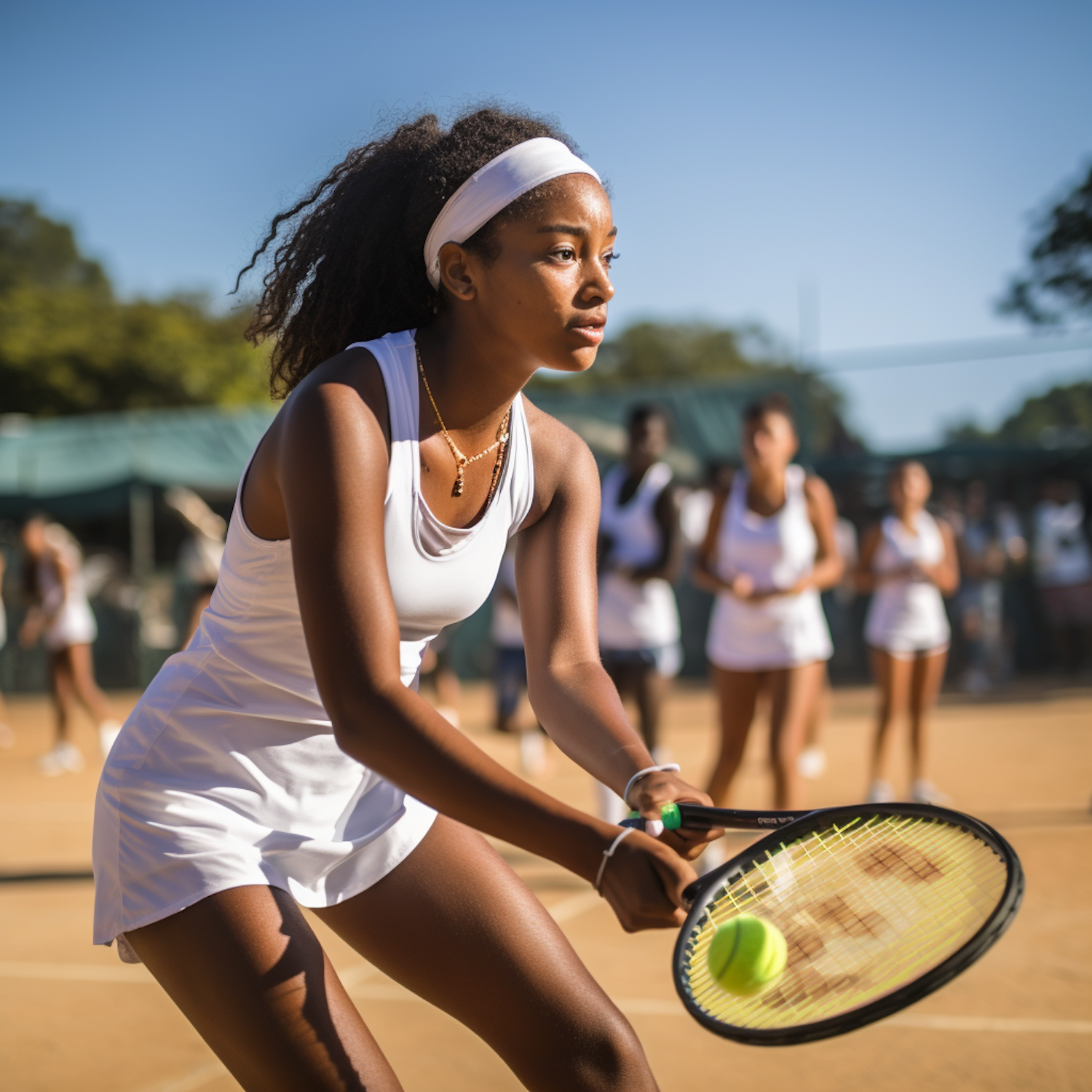 Focused Momentum - African American Female Tennis Prodigy in Sunlit Match