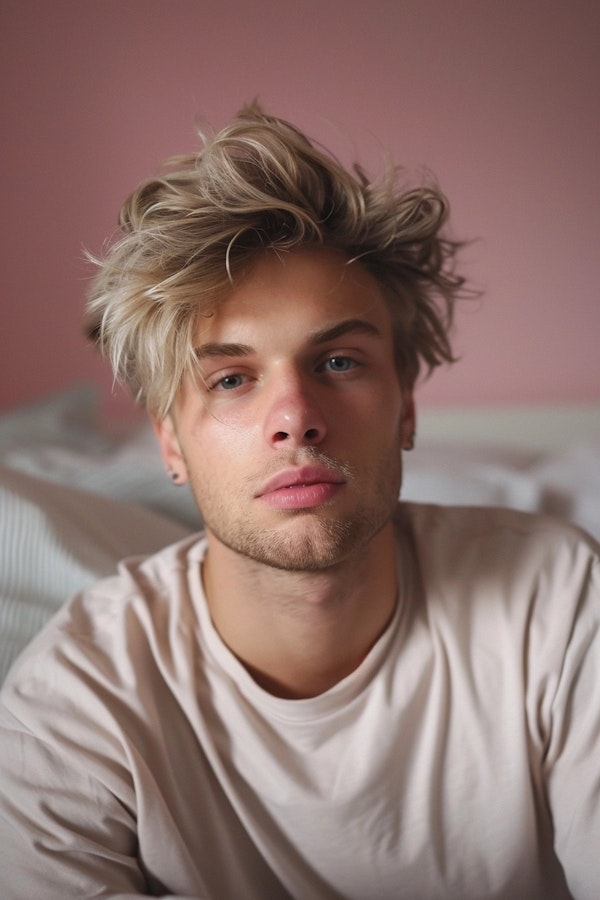 Thoughtful Young Man with Blue Eyes