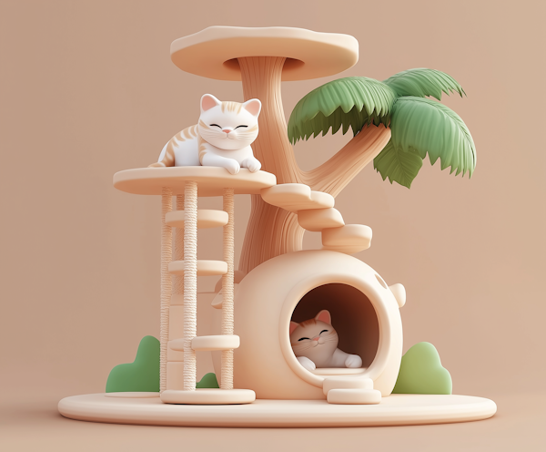 Stylized 3D Cat Tree with Two Cats