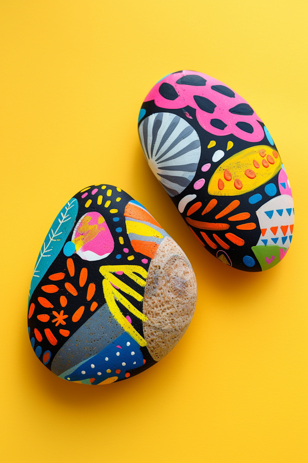 Colorful Painted Rocks on Yellow Background