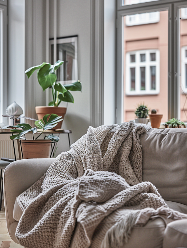 Cozy Interior Scene with Sofa and Plants