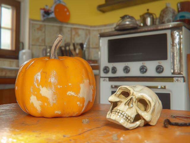 Pumpkin and Skull in Vintage Kitchen