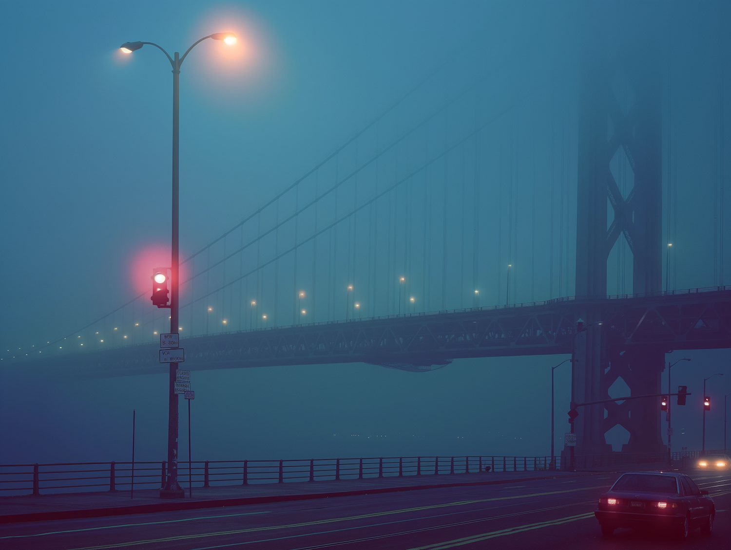 Misty Bridge Scene with Solitary Car