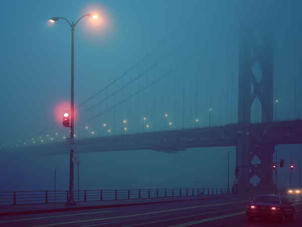 Misty Bridge Scene with Solitary Car