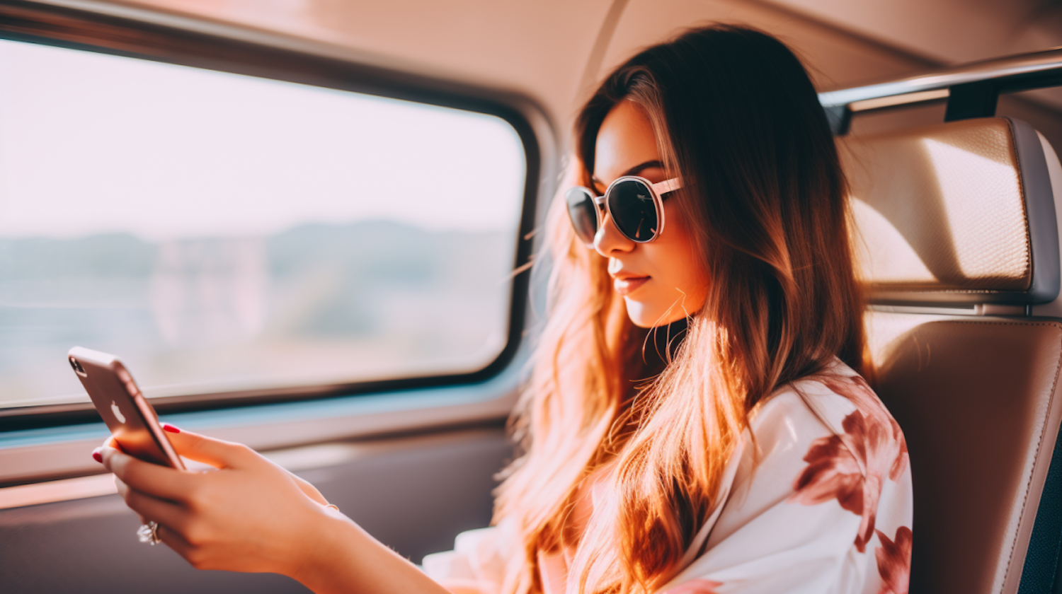 Stylish Traveler Engrossed in Her Smartphone