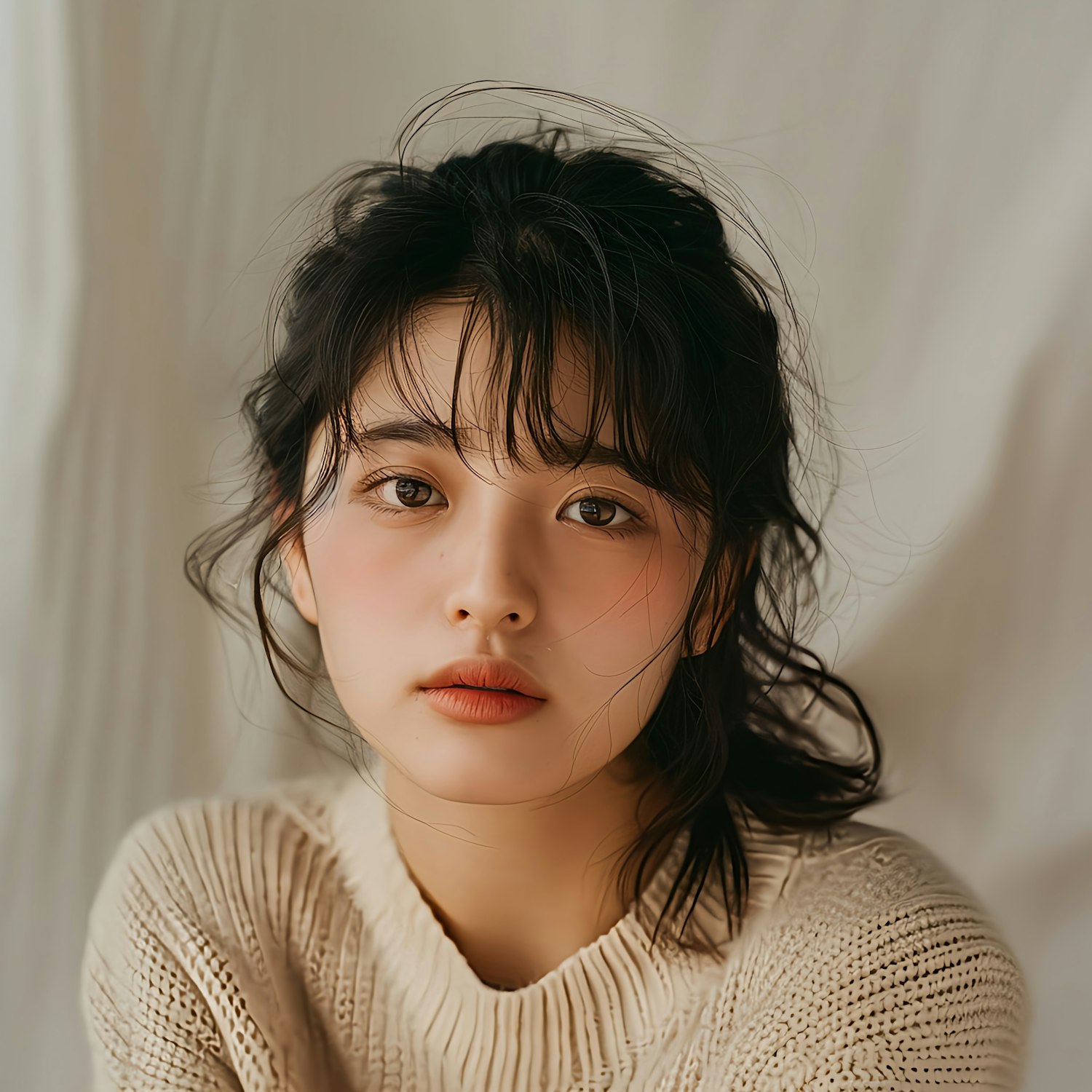 Serene Young Woman in Knitted Sweater