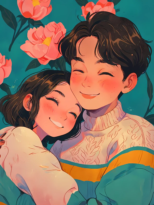 Embracing Couple with Floral Background