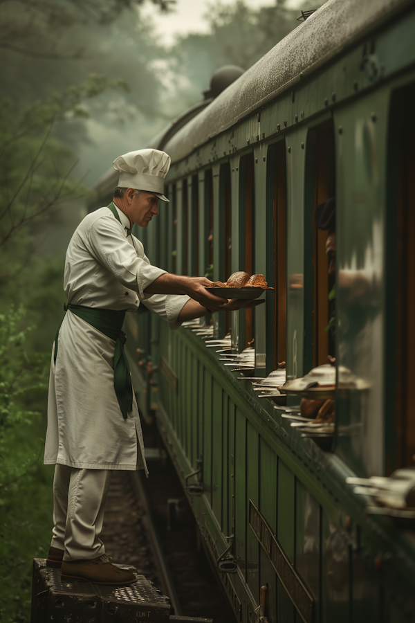 Vintage Train Chef Delivering Bread