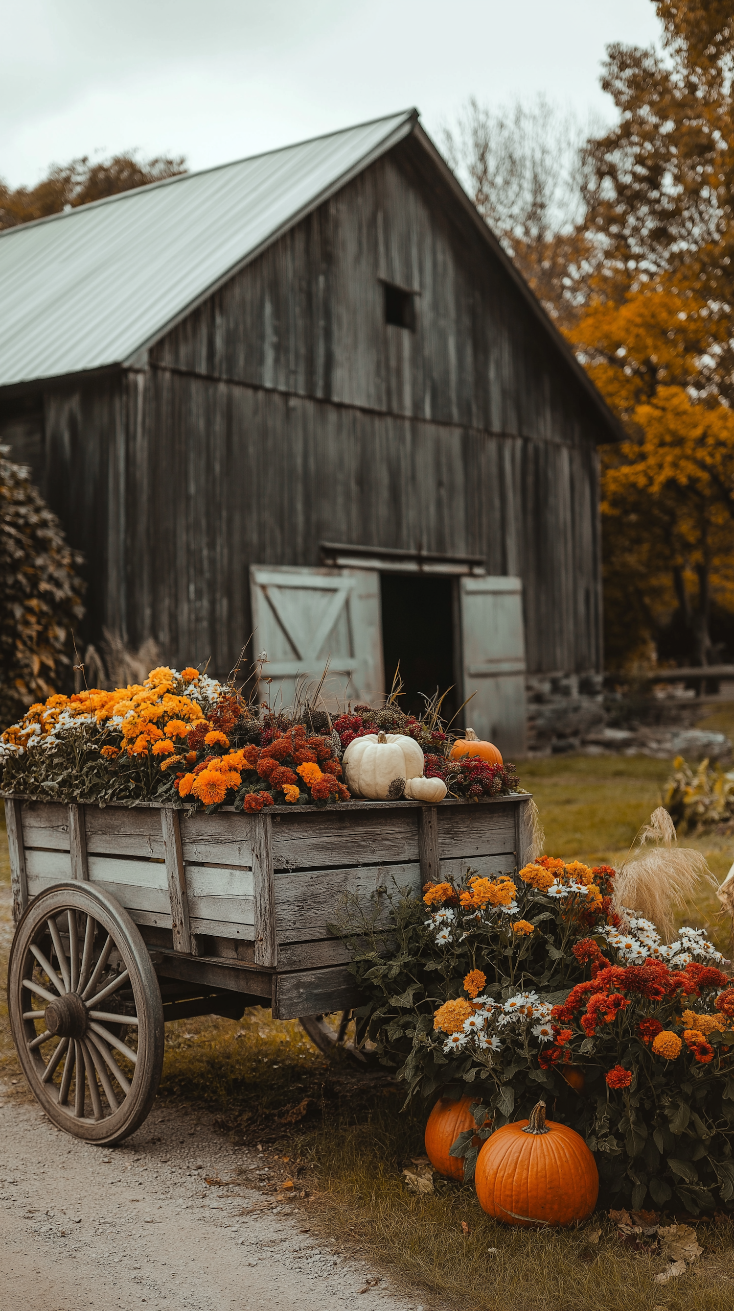 Rustic Autumnal Scene with Wooden Cart