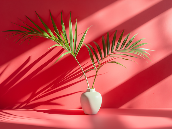 Vibrant Coral-Pink Vase with Green Leaves