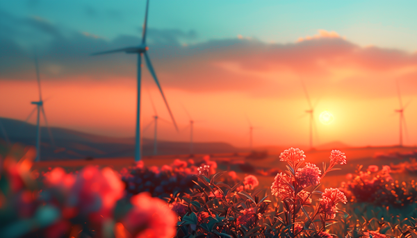 Serene Landscape with Wind Turbines at Sunset